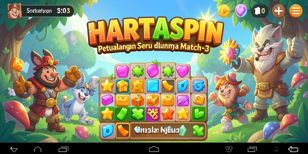 Gameplay seru HARTASPIN dengan tantangan Match-3 yang menarik.