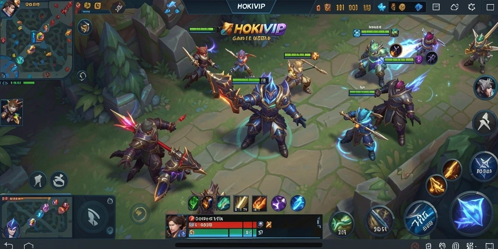 Tangkapan layar HOKIVIP menampilkan aksi gameplay MOBA yang mendebarkan.