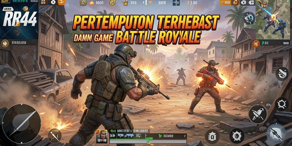 Screenshot utama RR44 menampilkan aksi intens dalam pertempuran Battle Royale.